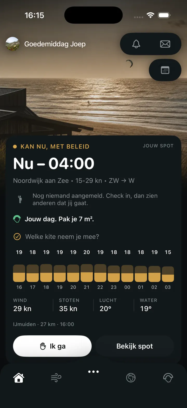 De startpagina: kan nu, met beleid. Noordwijk aan Zee, 15 tot 29 knopen zuidwest, het venster loopt tot 04:00, en het advies om een 7 te pakken.