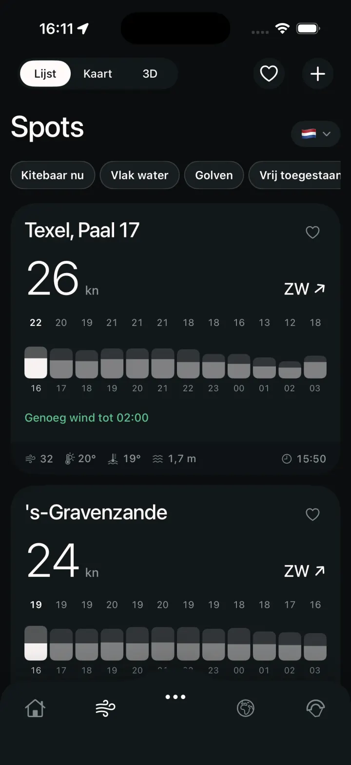 De spotlijst van Nederland: Texel Paal 17 met 26 knopen zuidwest en genoeg wind tot 02:00, daaronder 's-Gravenzande met 24 knopen.