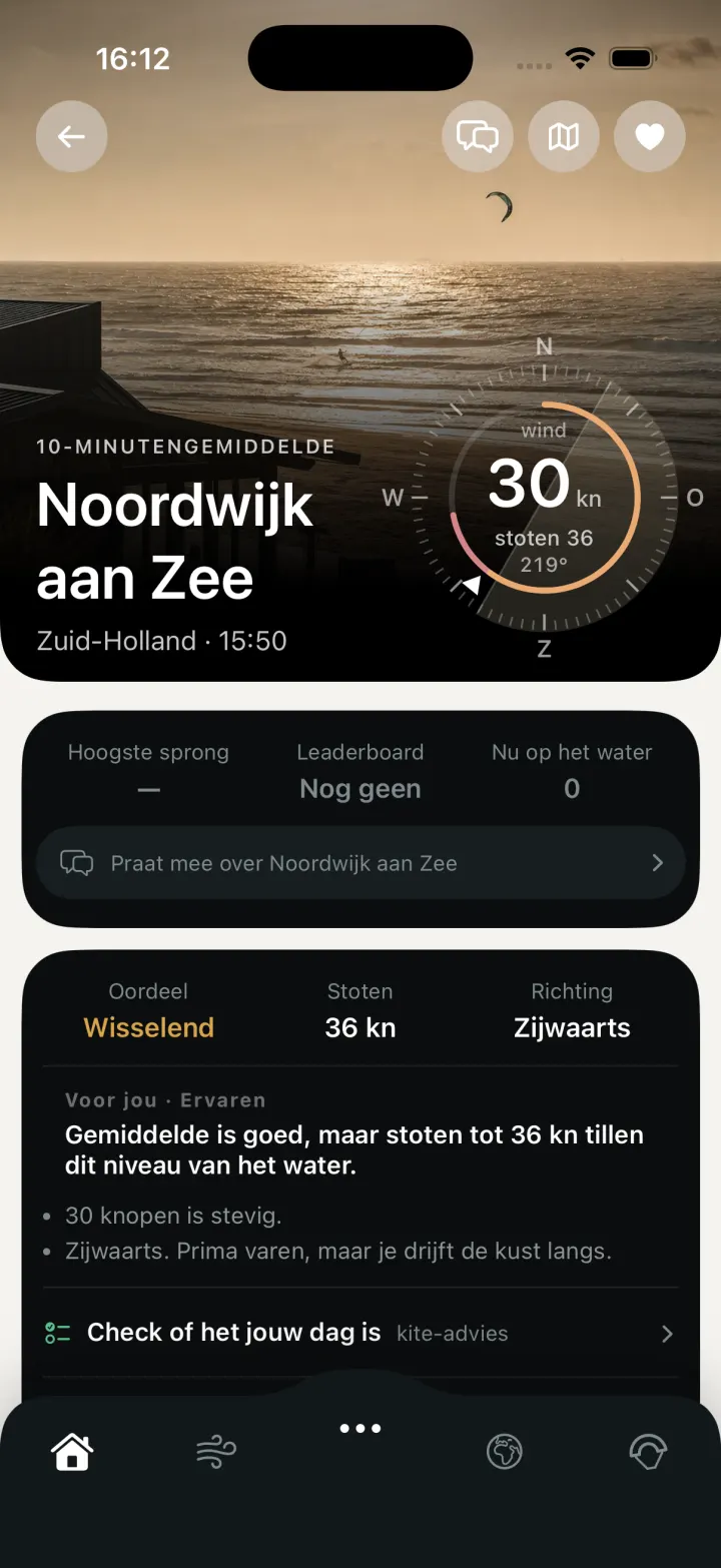De spotpagina van Noordwijk aan Zee: 30 knopen met stoten tot 36, het oordeel wisselend, met twee redenen eronder.